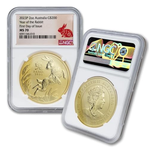 2023 P 2 oz Gold Australian Lunar Series III Year of the Rabbit Coin MS-70 (First Day of Issue - Lunar Label) 24K $200 NGC MS70