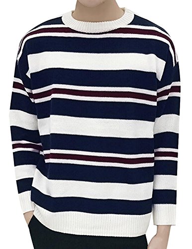 Shining4U Fashion Men's Pullover Stripe Long Sleeve Knit Jumper Sweater BlueUS Large