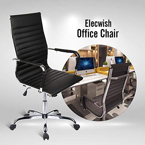 Elecwish Modern Office Executive Swivel Chair, High Back Adjustable, Tall Ribbed, Pu Leather, Wheels Arm Rest Computer, Chrome Base, Home Furniture, Conference Room Reception (Black) Set of 2 - Thumbnail 7