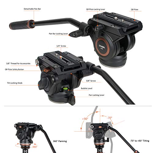 Cayer AF2451 Professional Video Camera Tripod 67 inches with Fluid Drag Head, 4-Section Compact Aluminimum DSLR Tripod Convertible to Monopod for DSLR Camera, Video Camcorder, Plus 1 Extra QR Plate