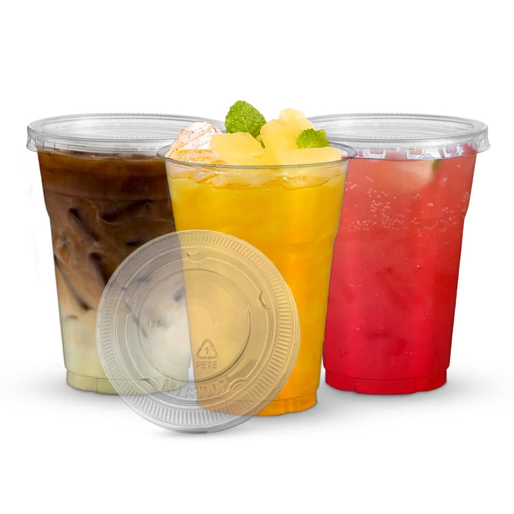 Signature Packaging Disposable Plastic Party Cups Heavy Duty for Cold Drink, Smoothies, Juices and Refreshments for Parties, Picnics, and Takeaway - 300ml Cups + Flat Lids Pack of 50 Cups + 50 Lids