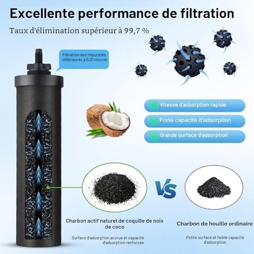 Filtre à eau de rechange, 2 filtre à eau à charbon actif pour filtration par gravité, charbon actif eau purificateur d'éléments de purification pour extérieur filtre eau maison