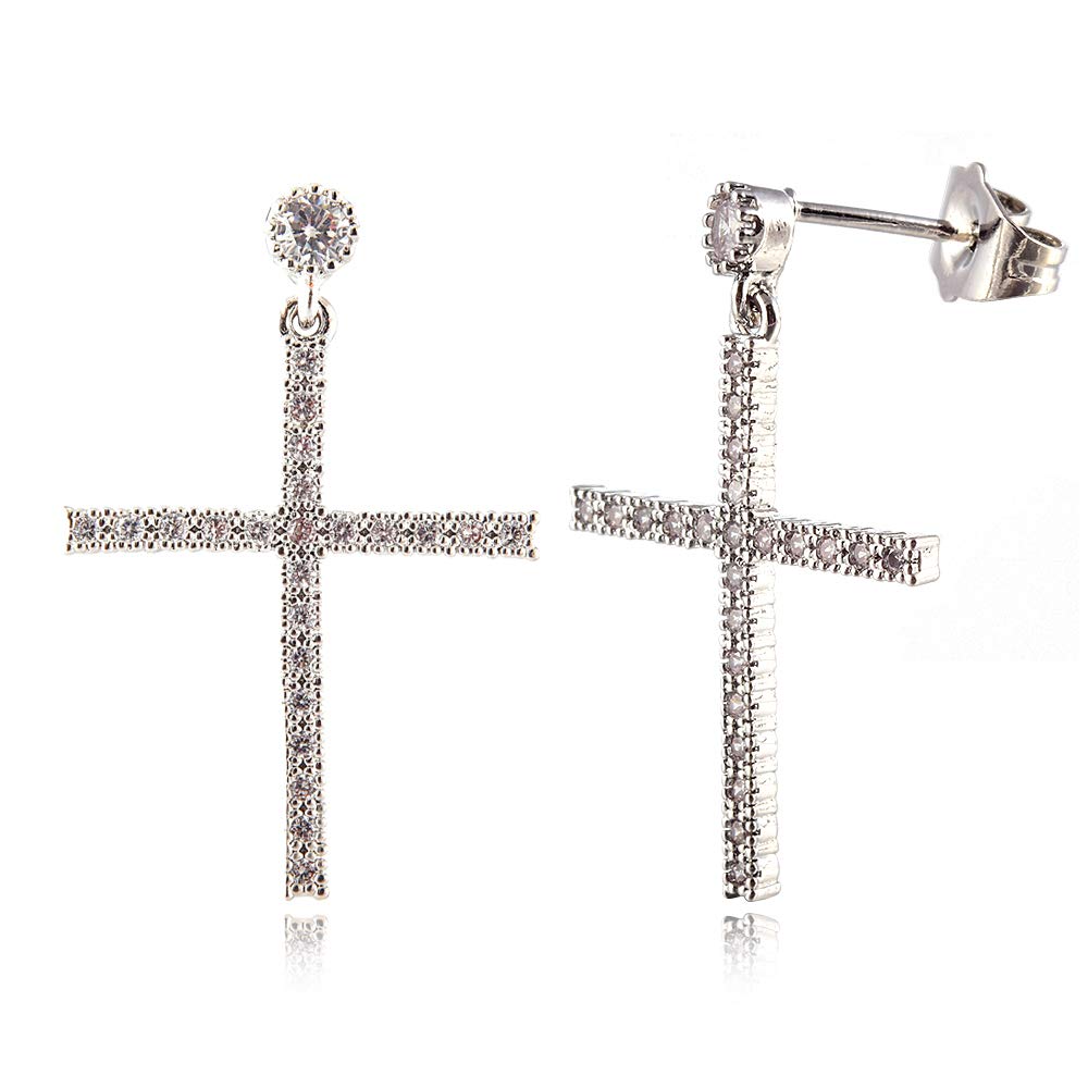 [RIZILIA CROSS] Dangle Drop Pierced Earrings with Round Cut Gemstones CZ [White Topaz] in 18K White Gold Plated, Simple Modern Elegant