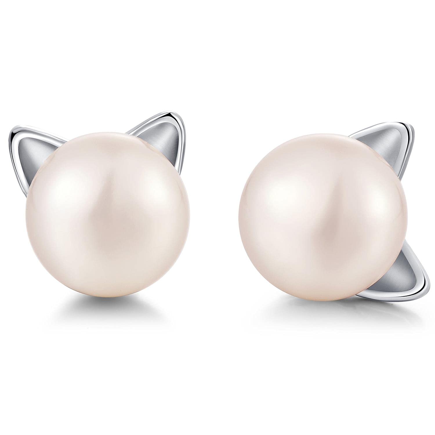 JiaYang Sterling Silver Cat Pearl Earrings for Women Sterling Silver Cats Stud Earrings with White Pearls Cute Kitty Cat Animal Earrings for Daughter Girls
