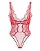 Garmol Women Lingerie Lace Bodysuit Deep V Neck Dobby Mesh Body Suits Teddy (Red, Large)