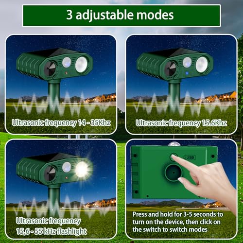 Répulsif Chat Ultrason, 3 Modes Repulsif Chat Solaire & Solaire et USB Répulsif Animaux, IP54 Étanche Repulsif Chat Exterieur avec Détecteur et Flash pour Chats Chiens Souris Ratons Animaux de Jardin