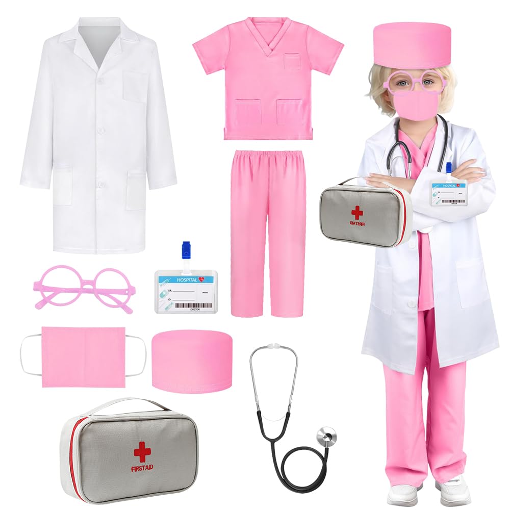 Mineup 9PCS Doctor Costume for Kids, 130CM Kids Unisex Hospital Doctor Fancy Dress Costume, Child Role Play Costumes Unisex, Nurse Costumes Dress Up, Doctors Dress Up Role Play for Kid 8-10, Pink — image 1