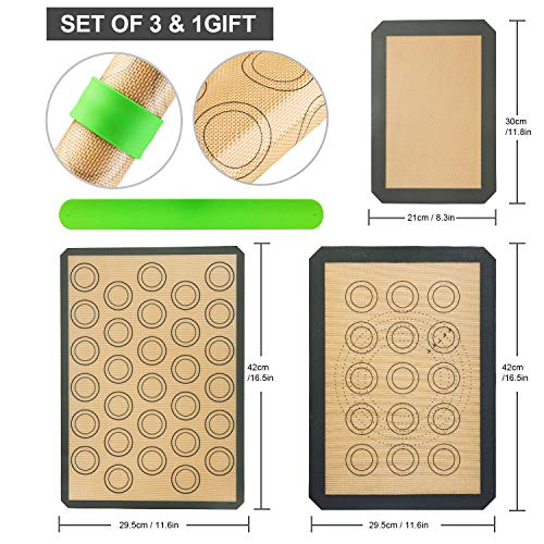 Silicone Baking Mats-Non Stick Cookie Sheet Macaron Mat Liner for Bake Pans & Rolling,Perfect Bakeware For Bread Making Pastry Cake Brioche Pizza-Thick/Large/BPA Free(2 Half Sheets &1 Quarter Sheet)