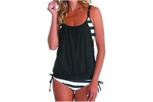 Dokotoo Womens 2024 Fashion Stripes Print Lined Up Double Up Tankini Sets Swimsuits Bathing Suit Swimwear (S-3XL)