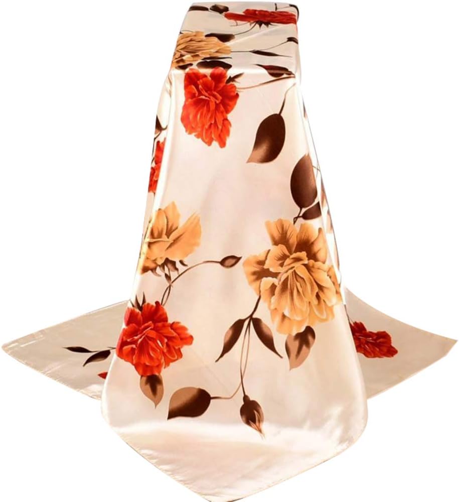 Dual Color Flower Print Women Silky Satin Large Square Scarf Neck Wrap Shawl Spring Summer Autumn Fall Long Big Large Scarfs For Travel Beach Red Yellow