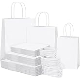 SHOPDAY 45Pcs White Paper Bags with Handles, Assorted Sizes Gift Bags Bulk Kraft Paper Bags 5x3x8 & 8x4x10.5 & 10x5x13 15Pcs Each Bags for Handwork, Shopping Bags for Small Business, Goody Bag Party Bags