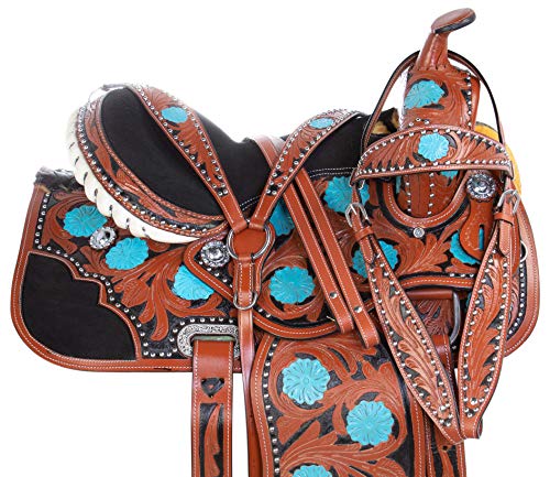AceRugs 14 15 16 17 Turquoise Show Hand Carved Barrel Racing Western Horse Saddle TACK Set Premium Leather (Blue Floral, 17)