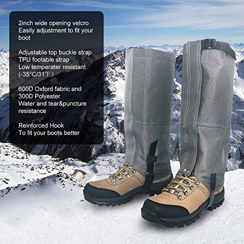 Leanking Leg Gaiters, Waterproof Snow Boot Gaiters 600D Anti-Tear Oxford Fabric Outdoor Waterproof Snow Leg Gaiters for Outdoor Hiking Walking Hunting Climbing Mountain (Gray, S)