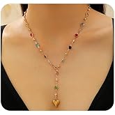 Rrdaily Vintage Gold Colorful Zircon Heart Lariat Necklaces for Women,Dainty Colored Rhinestone Love Y Necklace,Charm Birthday Party Jewelry Accessories Gifts