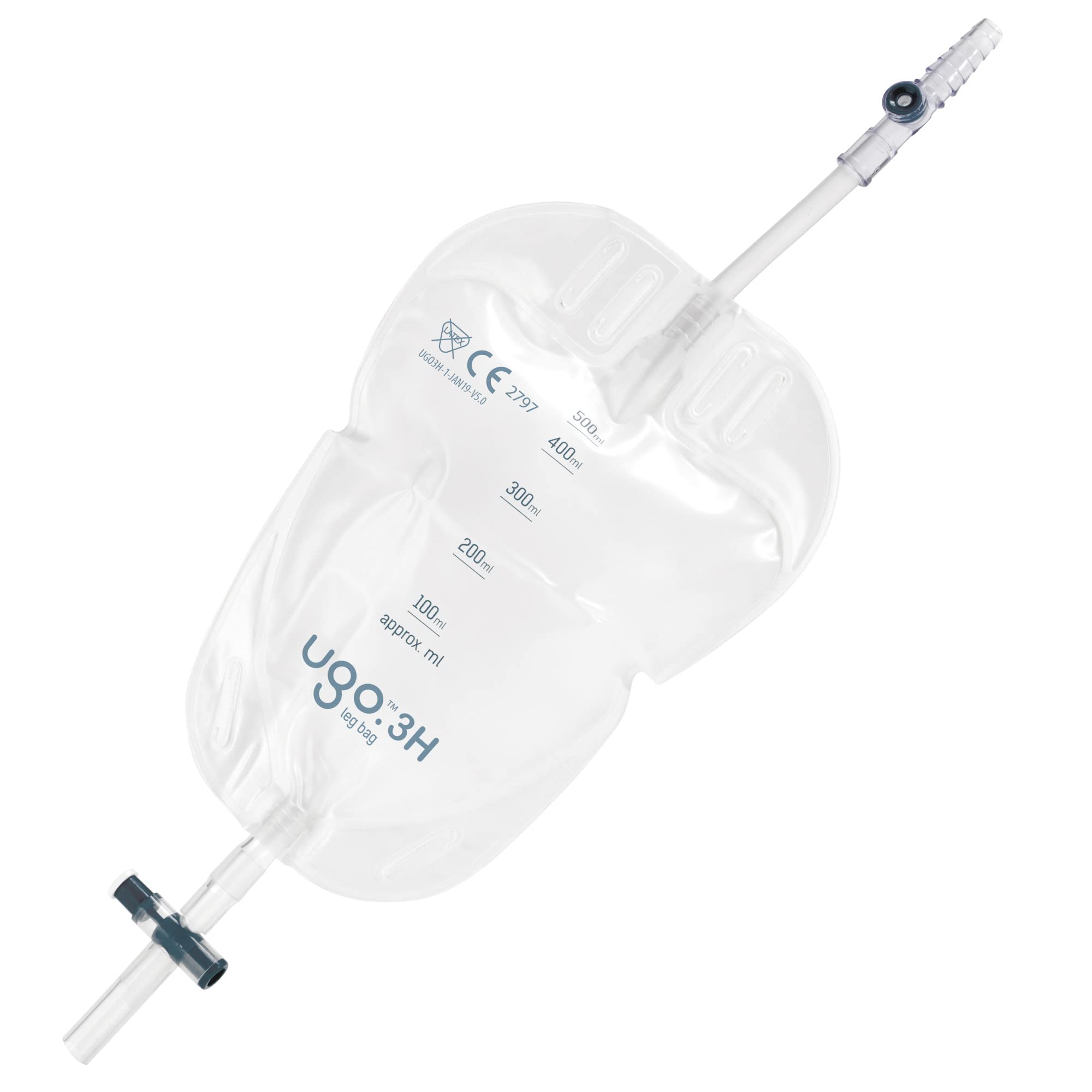 Ugo Leg Bags – Urine Drainage Bags/Catheter Leg Bags, T Tap or Lever Tap with Soft Fabric Backing and a Natural Leg-Shape Design (Pack of 10) (3H - 500ml, Short Tube, T Tap) — image 1