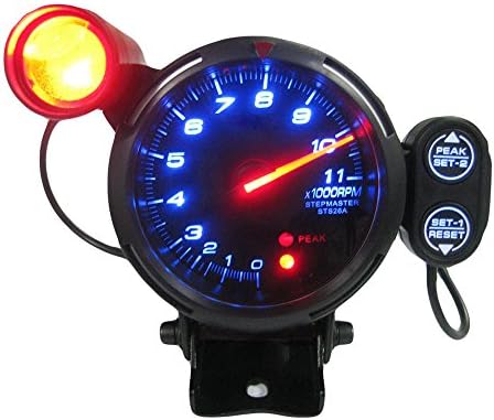 Raypley Universal 3.5" Tachometer Gauge Kit Blue LED 11000 RPM Auto Meter with Adjustable Shift Light+Stepping Motor Black