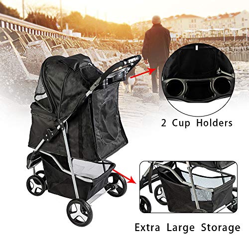 Besthls Pet Stroller for Cats/Dogs, 3 Wheel Dog Stroller with Removable Liner, Storage Basket and Cup Holder, Bonus Rain Cover - Thumbnail 2