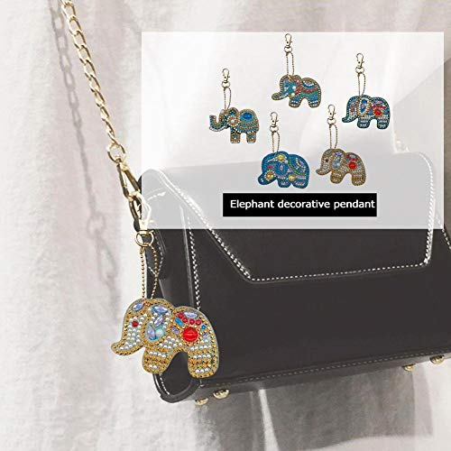 Mosaic Making Kits, 5pcs DIY Full Special Shaped Diamond Painting Elephant Keyring Keychains - Thumbnail 2