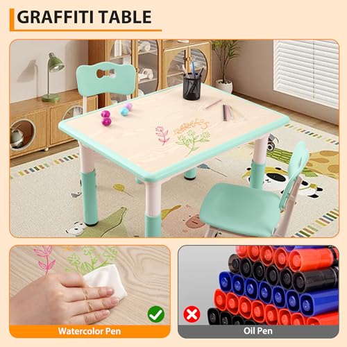 Garvee Kids Table and 4 Chairs Set, 5-Piece Height Adjustable Toddler Table with Graffiti Wipe-Clean Desktop, Non-Slip Legs & Storage Organizer, Preschool Activity Desk for Ages 2-6