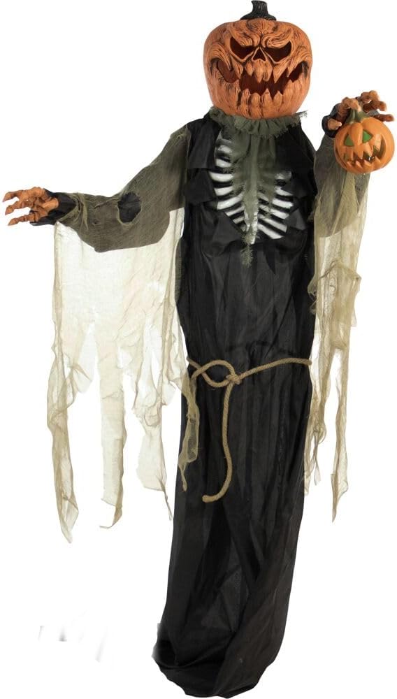 Garden Sculptures & Statues - Haunted Hill Farm Life-Size Poseable Scary Talking Pumpkin Man with Touch Activated Lights and Sound, Battery-Operated Indoor or Covered Outdoor Halloween Decoration