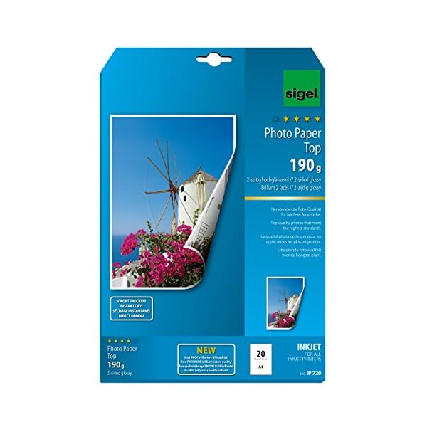 SIGEL IP720 InkJet Fotopapier Top, A4, 20 Blatt, 2seitig hochglänzend, hochweiß, beidseitig bedruckbar, 190 g, für hochwertige Fotografien