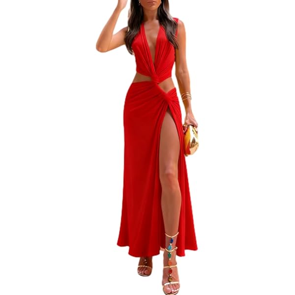 Amazon.com: LuFeng Women's Sexy Sleeveless Halter V Neck Side Waist Cutout  Backless Bodycon High Slit Maxi Long Dress Red : Clothing, Shoes & Jewelry
