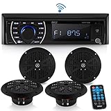 Marine Head Unit Receiver Speaker Kit - In-Dash LCD Digital Stereo Built-in Bluetooth & Microphone w/ AM FM Radio System 6.5’’ Waterproof Speakers (4) MP3/SD Readers & Remote Control - Pyle PLMRKT48BK