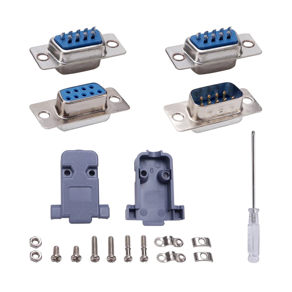 VooGenzek 5 Sets DB9 Male & Female D-Sub Solder Connector, RS232 Parallel DB9 Serial Port 9-Pin D Sub Adapter with Plastic Hood (10 Male + 10 Hood)