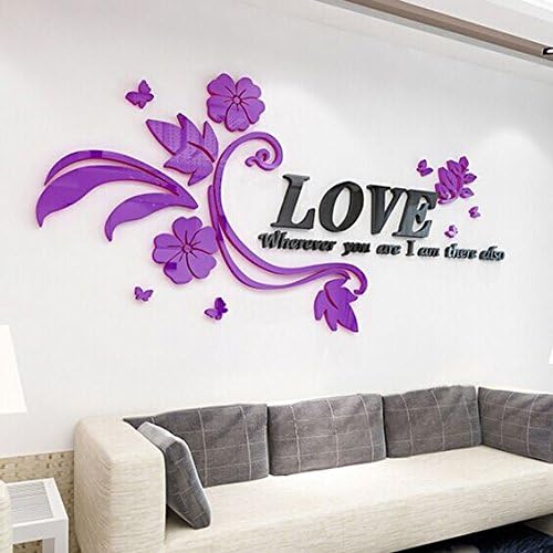 XMJR Wall decoration Creative love rattan acrylic 3D stereoscopic wall romantic couples bedroom living room sofa bed wall decoration posters, rattan - left - Black deep purple flowers, King