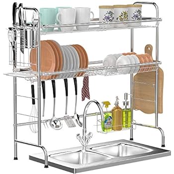 Over Sink Dish Drying Rack, GSlife 2 Tier Stainless Steel Dish Rack With Utensil Holder Hooks Stable Non-Slip Bend Foot for Kitchen Counter Sink, Silver