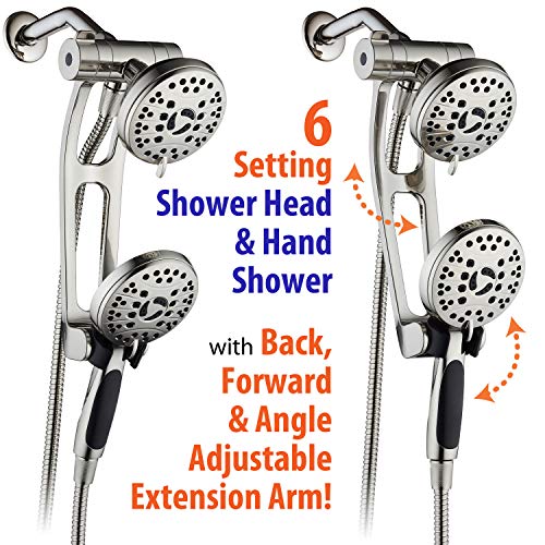 AquaSpa High Pressure 48-mode Luxury 3-way Combo with Adjustable Extension Arm - Dual Rain & Handheld Shower Head - Extra Long 6 Foot Stainless Steel Hose - All Brushed Nickel Finish - Top US Brand
