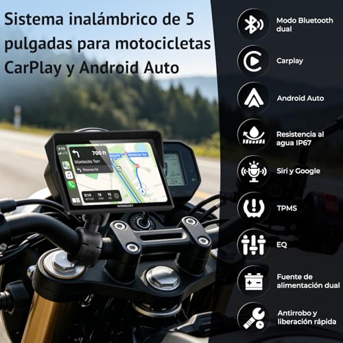 Wonsidary W522TPMS 5 Inch Wireless Moto CarPlay Screen with Android Auto,IPS Touch Screen IP67 Waterproof with TPMS,Voice Control,Dual Bluetooth Audio,USB/Acc Power for Moto