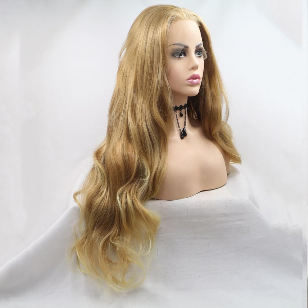 Xiweiya Long Natural Golden Blonde Lace Front Wigs Middle Part 13x3 Lace Wig Body Wave Synthetic Lace Front Wigs Heat Resistant Fiber Hair for Women 24Inch