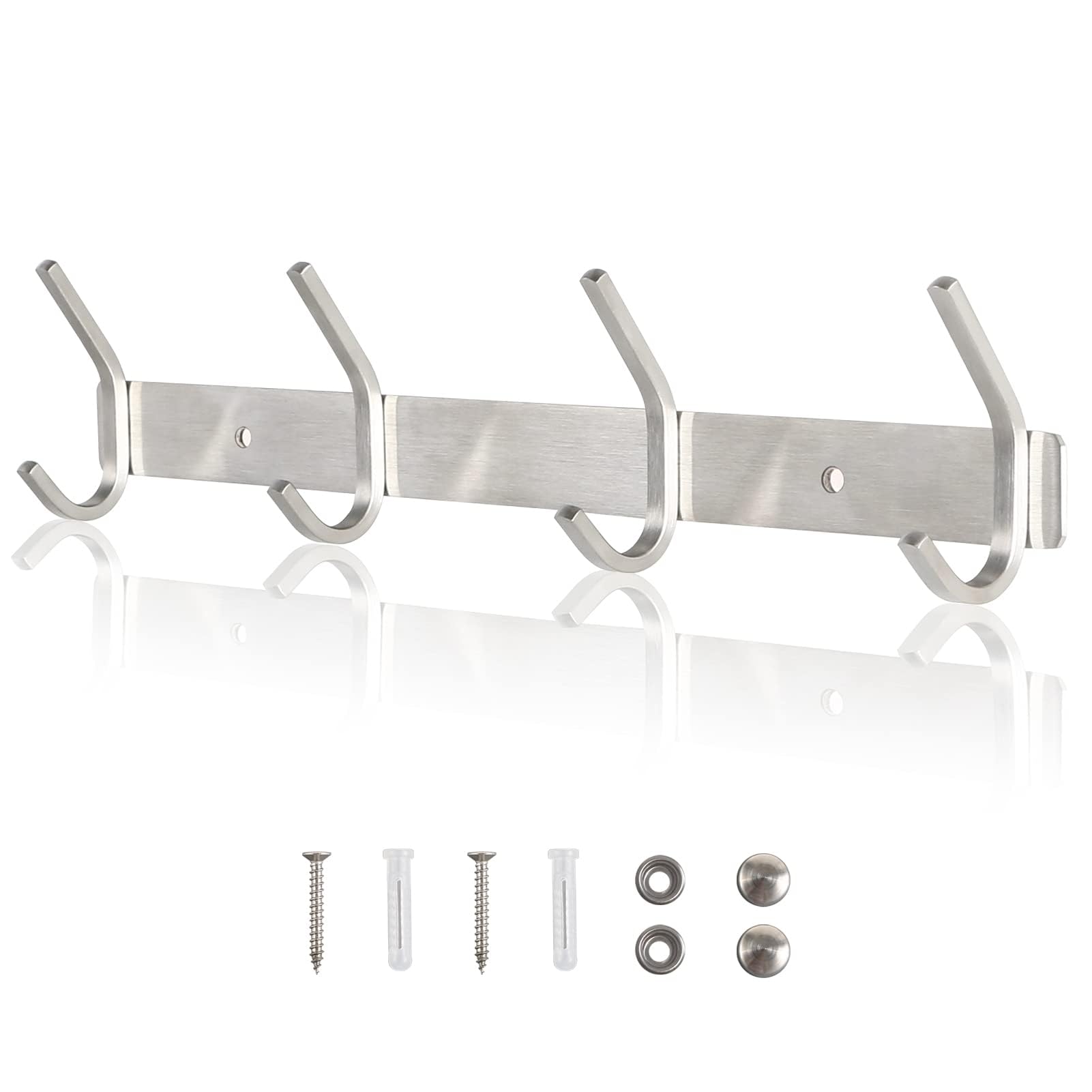 Qiannhee 4 Sliver Coat Hooks Wall Mounted 43CM, 40KG Heavy Duty Coat Rack Clothes Hook for Door, Rustproof Rail SUS304 Stainless Steel Coat Hook Rack for Kitchen, Bathroom, Living Room