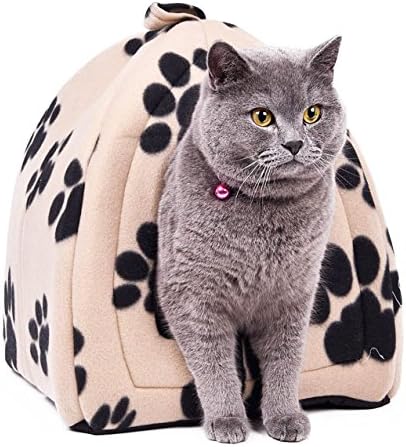 Pet Cat Super Soft Fabric Bed Princess House Specify for Cat with Beige Paw (size :Height 15.7inch x Width 12.6inch x Length12.6inch)