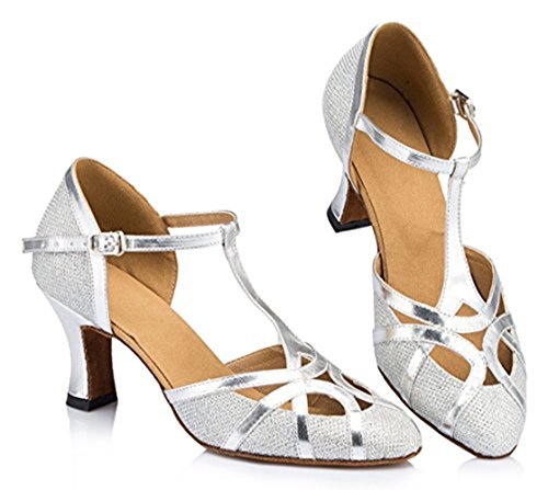TDA Womens Mid Heel Silver PU Leather Salsa Tango Ballroom Latin Party Dance Shoes CM101 4.5 M US