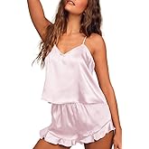 Ekouaer Satin Pajama Set for Women Silk Pjs for Women Set Camisole Top and Shorts with Ruffle Sleepwear