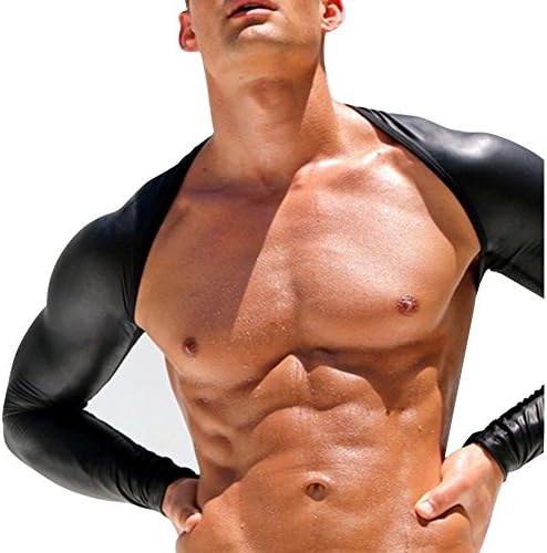 Igeon Men's Long Sleeve Faux Leather Fitness Jacket Arm Shrug Cloth Motorcycle Costume Small