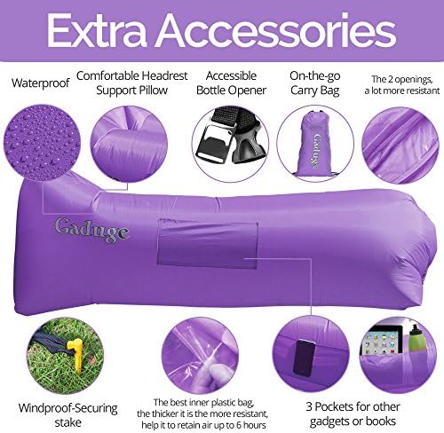 GADUGE Outdoor Inflatable Lounger &amp; Pool Chair, Hangout Sofa &amp; Inflatable Couch for Bedroom, Floats on Water - Includes Pockets, Comfy Headrest, Bottle Opener, Stake &amp; Bag(Lavender)