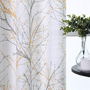 Semi-Sheer Print Curtains 84-inch Long Living Room Yellow Grey Curtain Panels with White Linen Textured Grommet Tree Branches Window Treatment Set for Living Room Bedroom 50