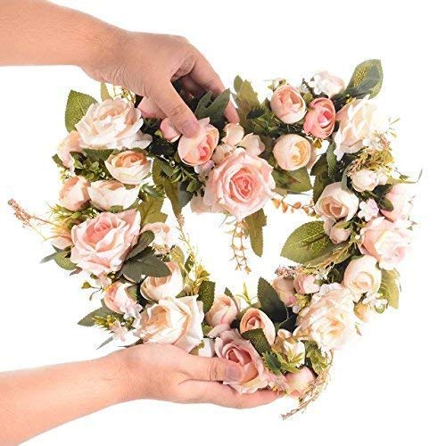 Adeeing Vintage Art Simulation Rose Flowers Wreath Pink Heart-shaped Garland for Home Wedding Decoration