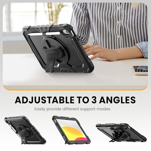 timecity for iPad (A16) 11th/ 10th Generation Case 11''/ 10.9 Inch (2025/2022) - Heavy Duty Protective Cover with Screen Protector, Stand, Shoulder Strap & Pencil Holder | Kids-Friendly - Black