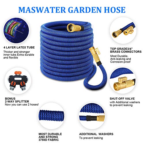maswater Garden Hose 50FT Expandable Water Hose- Upgraded 2019 2-Way Splitter with Double Latex Core, 3/4" Solid Brass Connectors,Extra Strength Fabric Flexible Expanding (Blue)