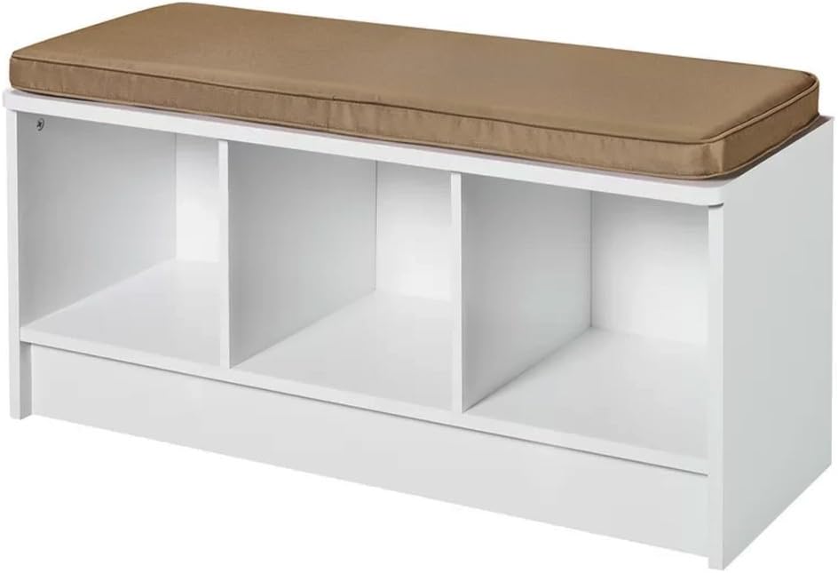 Entryway Storage Bench Hallway Organizer Laundry Room & Mudroom White Wood Furniture Seat With Tan Cushion