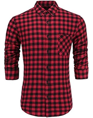 Men's 100% Cotton Slim Fit Long Sleeve Button-Down Plaid Dress Shirt