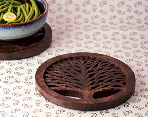Set of 2 Wooden Trivet Tea Pot Holder Tree of Life Design Heat Resistant Durable Handmade Mango Wood Kitchen Dining Table Accessories Dia 8'' Inch (Set of 2 Walnut)