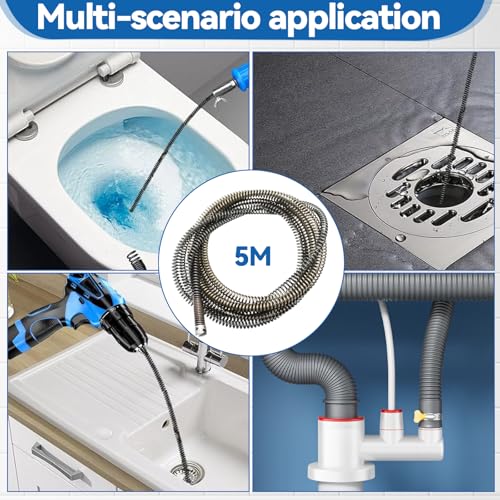 Professional Drain Unblocker 5 m x 12 mm, Sink Unblocker with Crank, 8 Pieces Dredging Cleaner Electric Adapters, Practical and Effective Unblocker for Toilets, Sinks and Drains