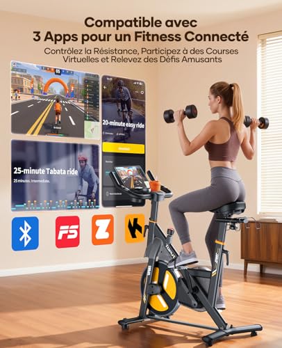 TOPUTURE Exercise Bike, Quiet Exercise Bike with 32 Levels Electric Magnetic Resistance, Premium Touch Screen with App and Heart Sensor, Dumbbell Support, Capacity 150kg