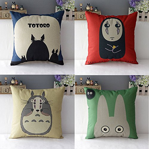 WOMHOPE 4 Pcs Studio Ghibli My Neighbor Totoro Series - Cotton Linen Throw Pillow Case Cushion Cover Square Throw Cover, 18x18 Inches (B (Set of 4))