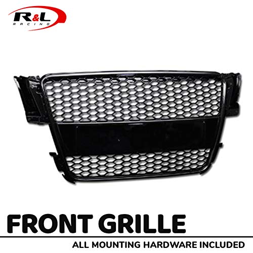 R&L Racing Front Grill Compatible with Audi A5 8T 08-10 | Black R Sport Honeycomb Mesh Bumper Grille with Emblem Base ABS - Thumbnail 5